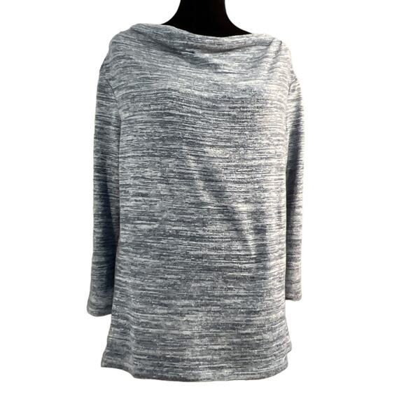 Heathered Split Back Knit Top Cowl Neck 3/4 Sleeve Blue Gray - Picture 14 of 16